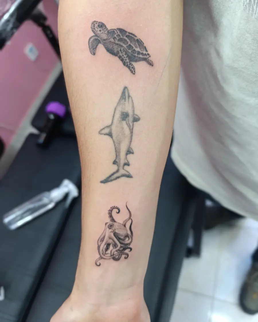 Tres tatuajes pequeños en línea fina: tortuga, tiburón y pulpo
