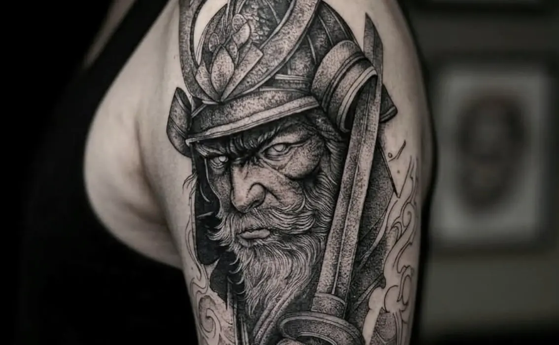 Tatuaje blackwork de un samurái en el brazo
